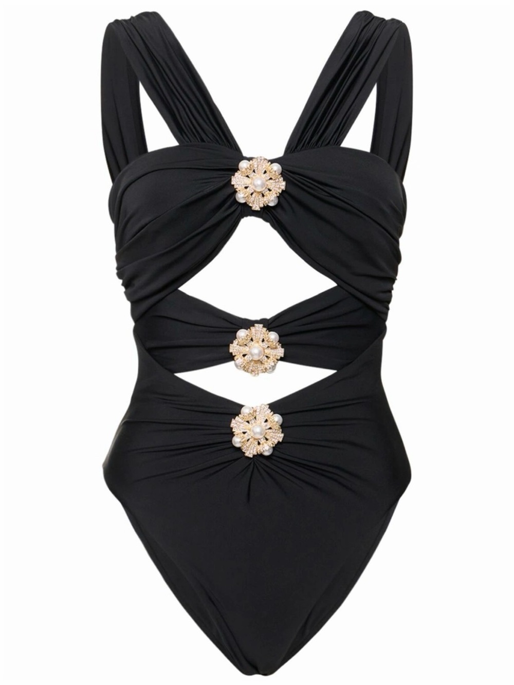 Self-Portrait Black One-Piece Swimsuit with Gold Floral Brooches